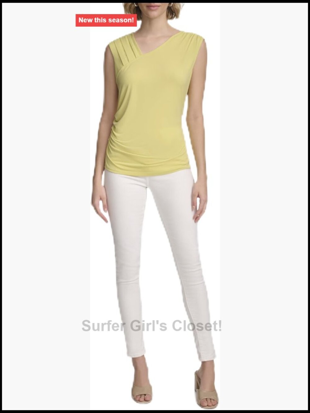 Sleeveless Blouse Pleated Shoulder Scoop Neck Stretch Polyester
